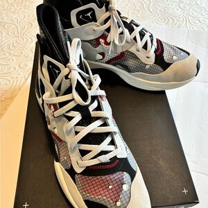 Jordan Delta 3 SP Black, White, and University Red Athletic Shoes